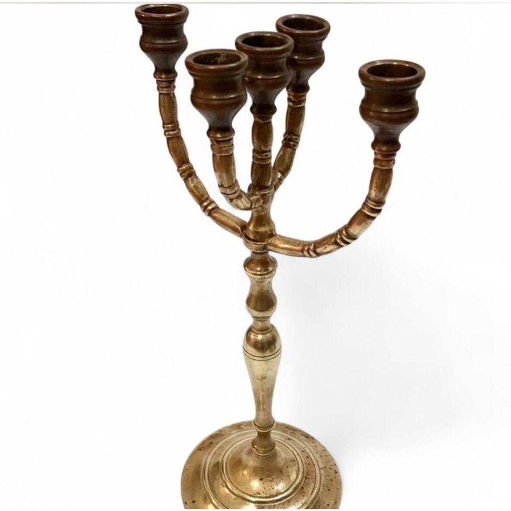 Vintage Brass 5 Arm Candelabra Traditional Neoclassical Curved Holder -Bronze
